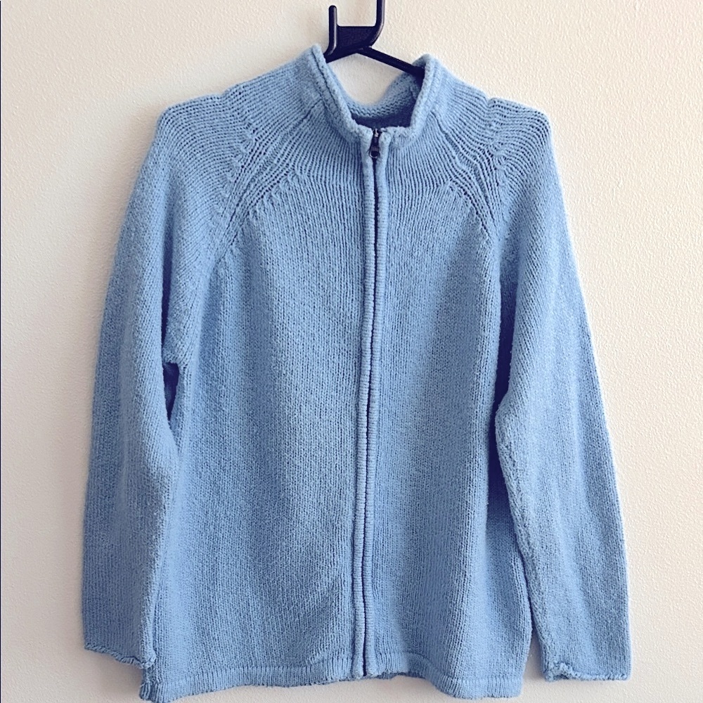 LL Bean Cotton Knit Sky Blue Women's Full Zip-Up Cardigan...LPetite. #296764